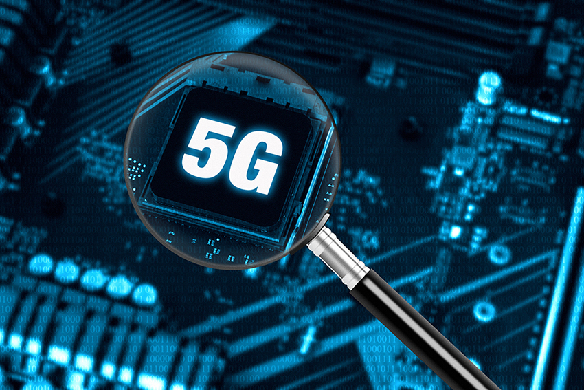 Telecommunications technology background of 5G high-speed mobile The concept of 5G network with magnifying glass on modern circuit board, high-speed mobile internet and new generation networks technology background